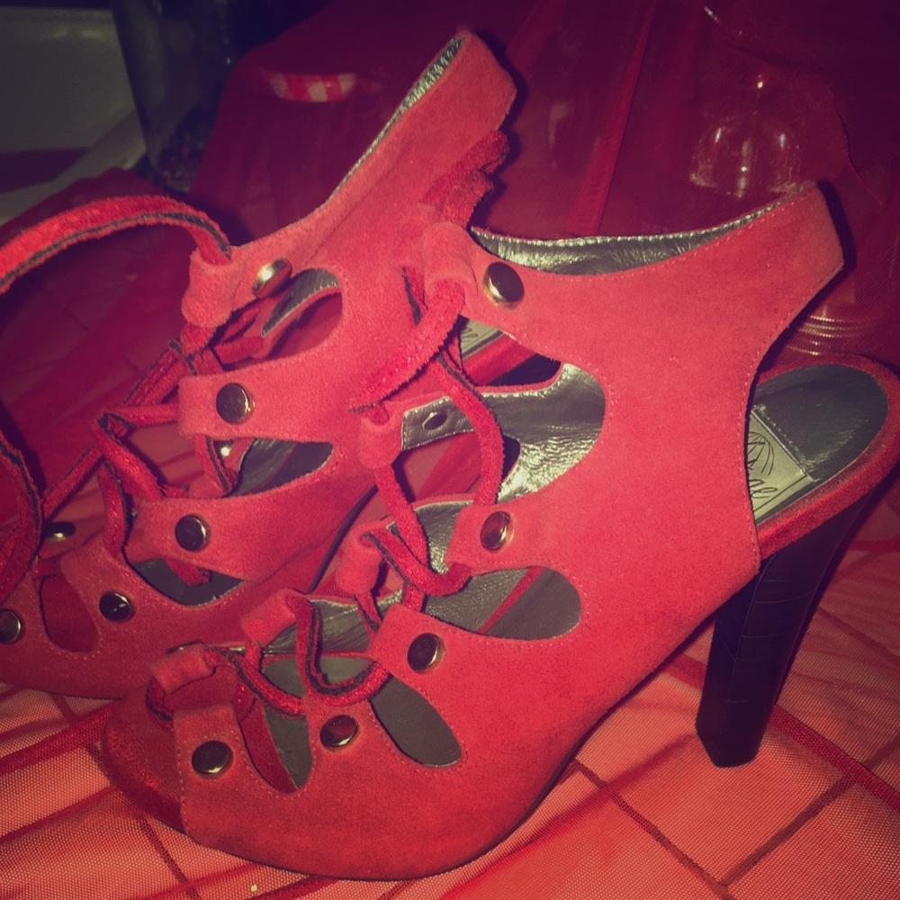 Jeffrey Campbell red suede gladiator heels